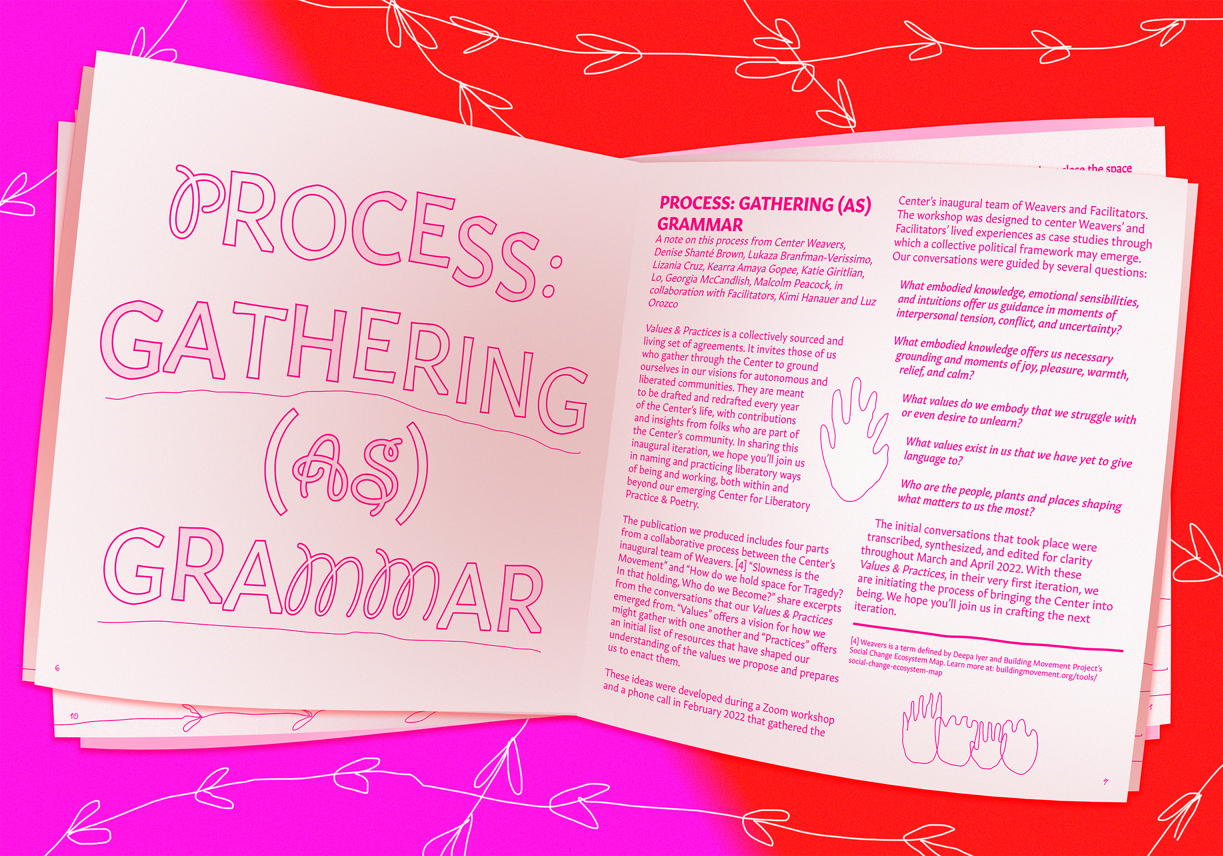 A rendering of a newsprint publication lays open on top of a gradient bright purple to red background. In the background, white line drawings of vines appear. On the left open page, in interchanging block letters and curvy squiggle letters, it says, “Process: Gathering (As) Grammar”. The letters have bright pink outlines and are sometimes white and sometimes pink. The right side of the page has two paragraphs of text in the same bright magenta ink. The paragraphs curve open in the middle of the page to hold a line drawing of a shape that could be either a leaf or a hand. 